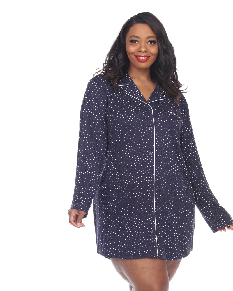 Front of a model wearing a size 1X Long Sleeve Night Gown in Navy by White Mark. | dia_product_style_image_id:247564